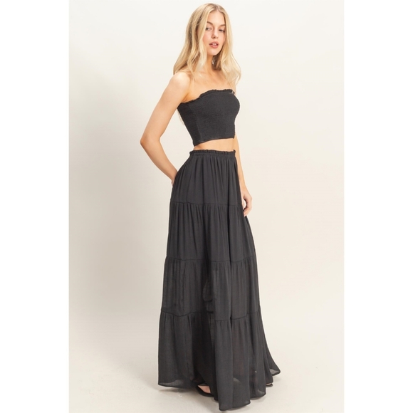 HYFVE Black Smocked Crop Top & Tiered Rayon Blend Maxi Skirt 2-Piece Set - Picture 3 of 7